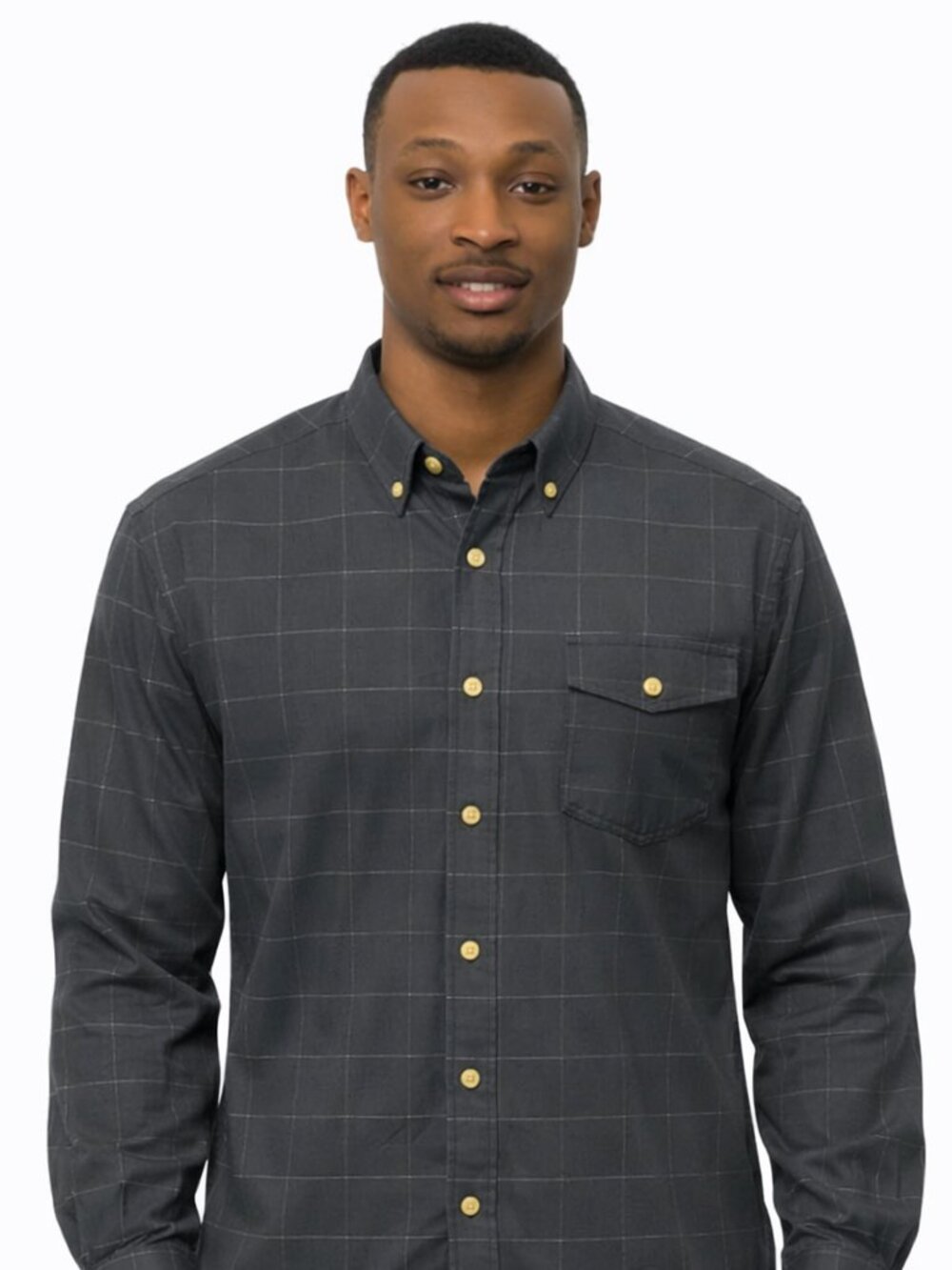 Men Button Up Shirt XL Black Plaid Long Sleeve Lightweight Collar Pocket